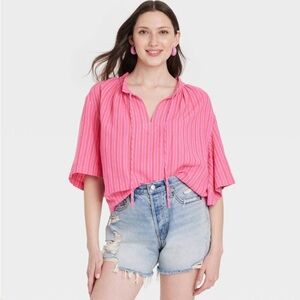 NWT Universal Thread Flowy Elbow Sleeve Popover Blouse,‎ Size S, MSRP $25